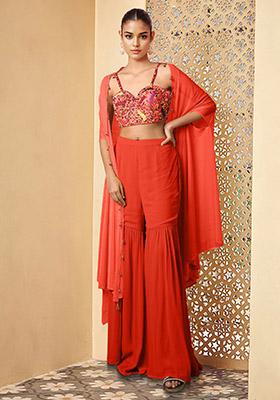 Red Jacket Set With Hand Embroidered Blouse And Sharara