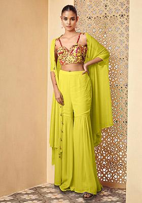 Yellow Jacket Set With Hand Embroidered Blouse And Sharara