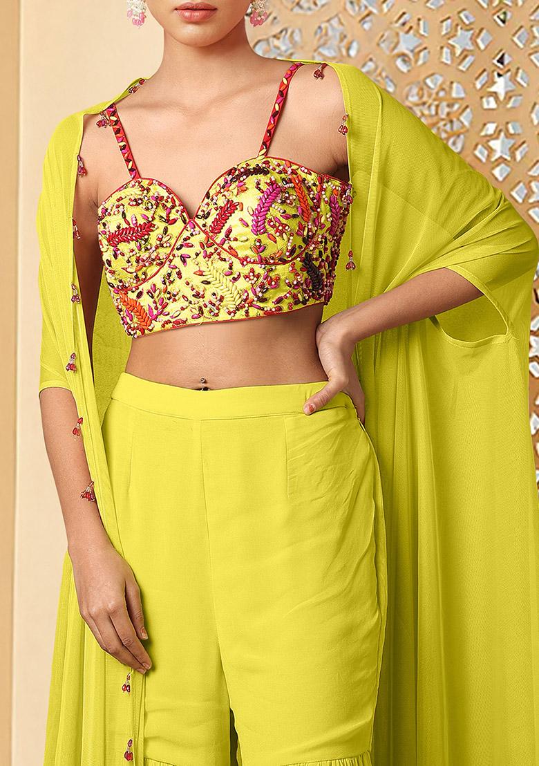 Yellow Jacket Set With Hand Embroidered Blouse And Sharara