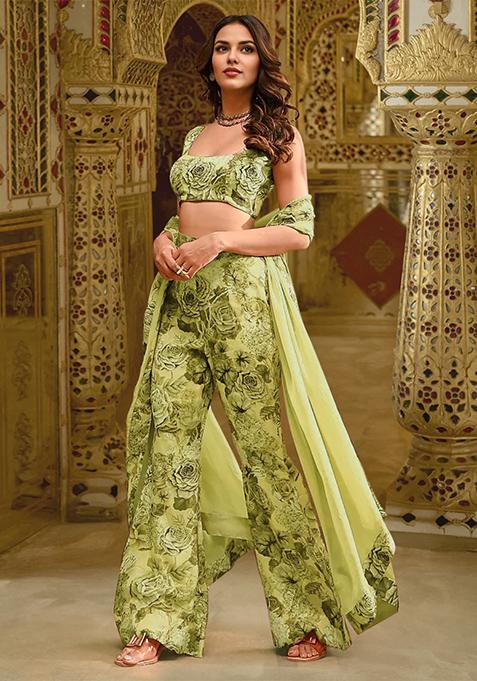 Green Pants Set With Hand Embroidered Blouse And Dupatta