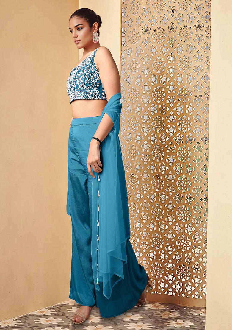 Blue Jacket Set With Hand Embroidered Blouse And Pants