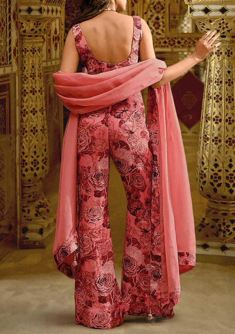 Red Pants Set With Hand Embroidered Blouse And Dupatta