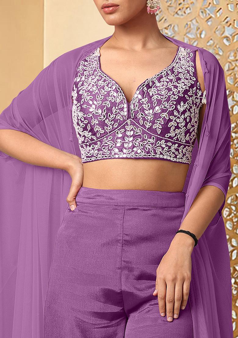 Purple Jacket Set With Hand Embroidered Blouse And Pants