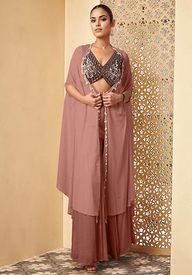 Brown Jacket Set With Hand Embroidered Blouse And Palazzo