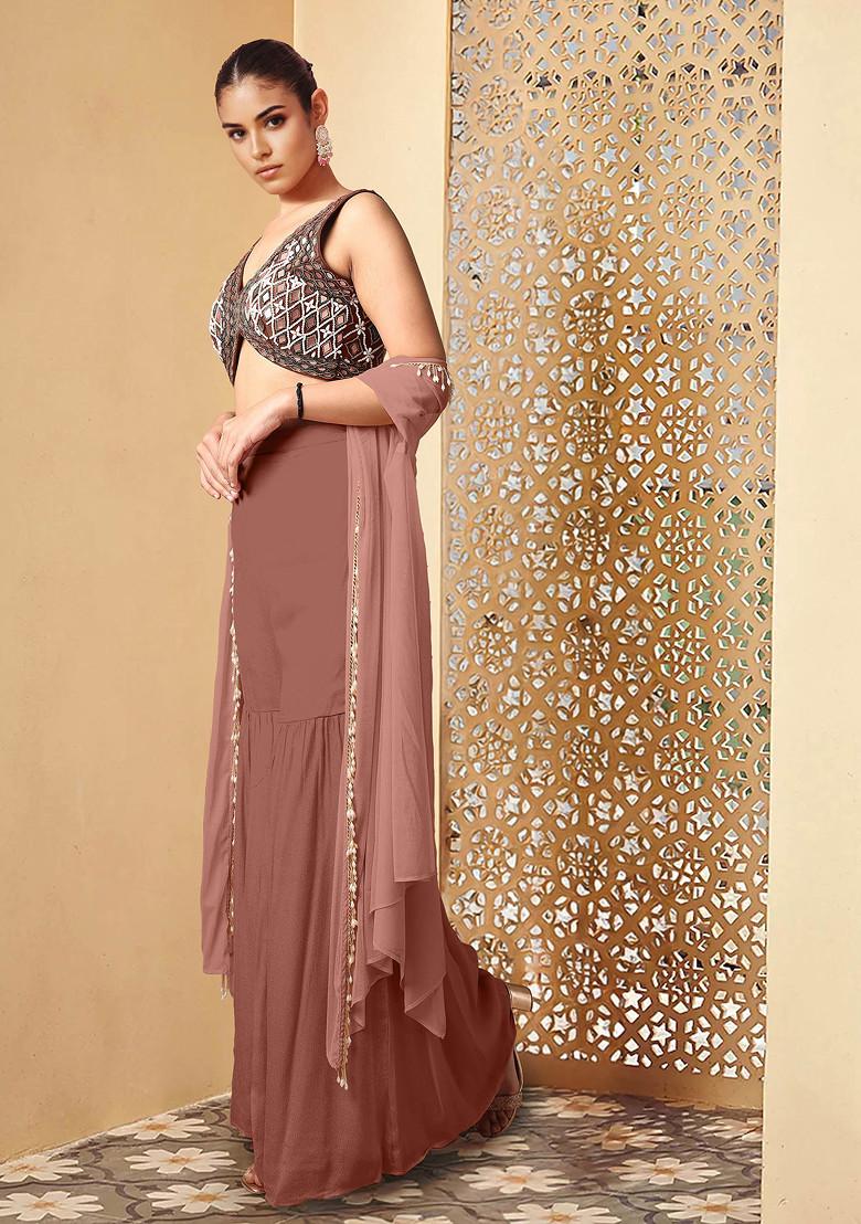 Brown Jacket Set With Hand Embroidered Blouse And Palazzo