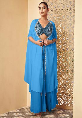 Blue Jacket Set With Hand Embroidered Blouse And Palazzo