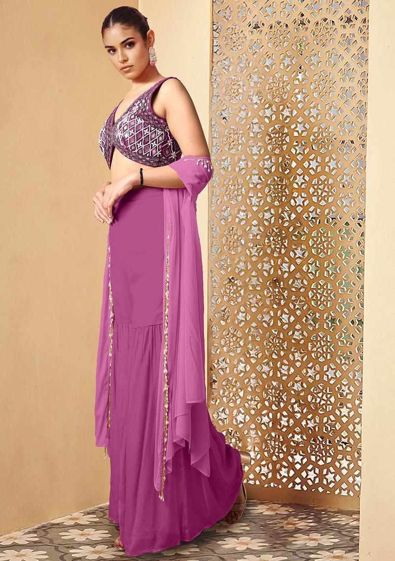 Purple Jacket Set With Hand Embroidered Blouse And Palazzo