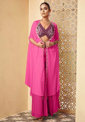 Pink Jacket Set With Hand Embroidered Blouse And Palazzo