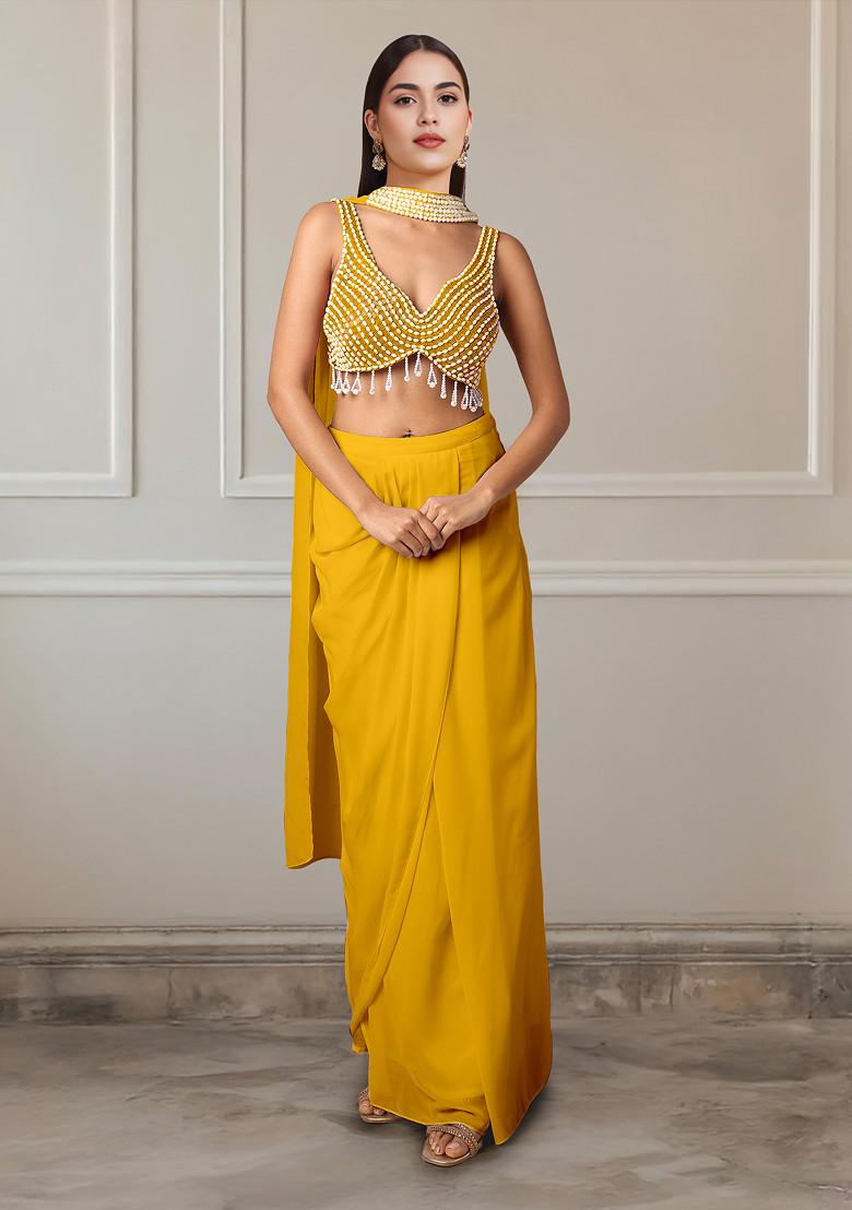 Buy Women Yellow Skirt Set With Hand Embroidered Blouse And
