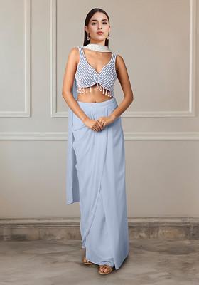 Blue Skirt Set With Hand Embroidered Blouse And Dupatta