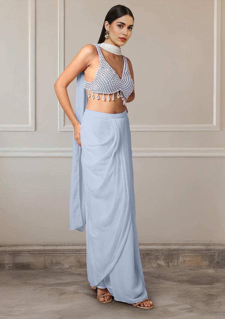 Blue Skirt Set With Hand Embroidered Blouse And Dupatta