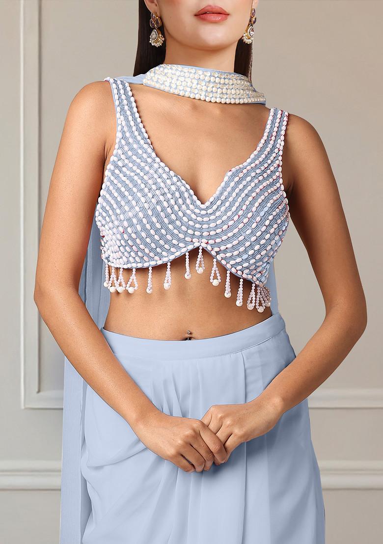 Blue Skirt Set With Hand Embroidered Blouse And Dupatta