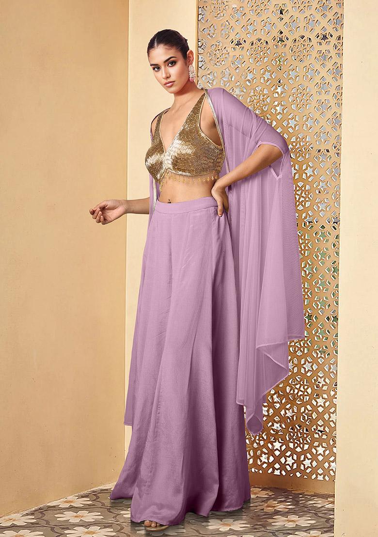 Lilac Jacket Set With Hand Embroidered Blouse And Palazzo