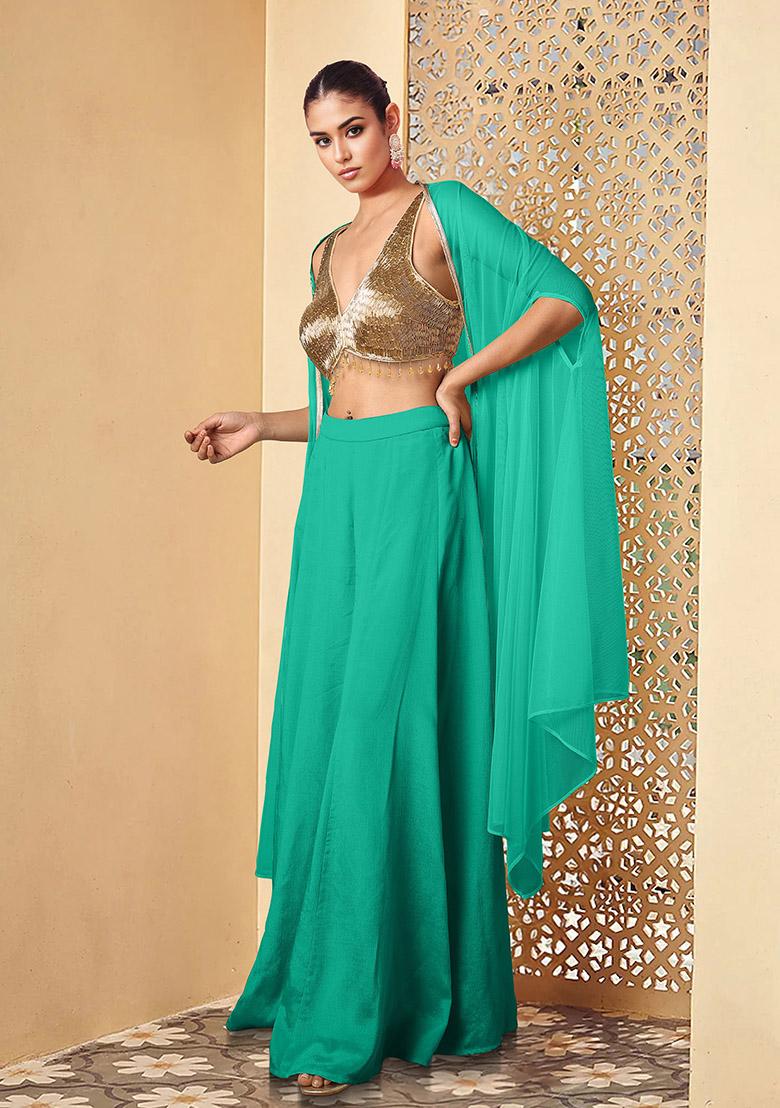 Green Jacket Set With Hand Embroidered Blouse And Palazzo