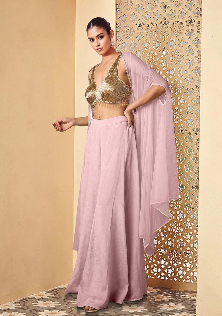 Purple Jacket Set With Hand Embroidered Blouse And Palazzo