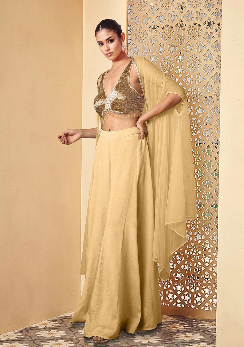 Beige Jacket Set With Hand Embroidered Blouse And Palazzo