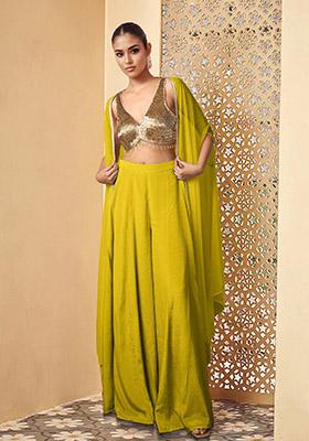 Yellow Jacket Set With Hand Embroidered Blouse And Palazzo