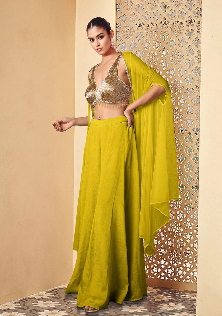 Yellow Jacket Set With Hand Embroidered Blouse And Palazzo