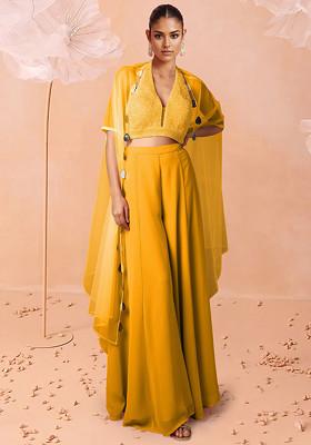Yellow Jacket Set With Hand Embroidered Blouse And Palazzo