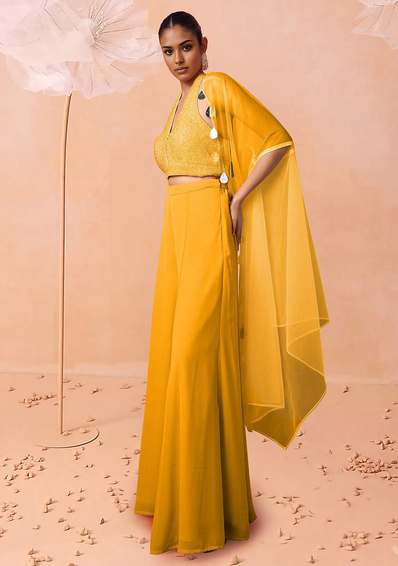 Yellow Jacket Set With Hand Embroidered Blouse And Palazzo