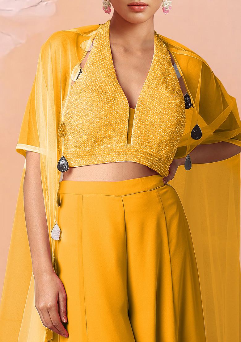 Yellow Jacket Set With Hand Embroidered Blouse And Palazzo
