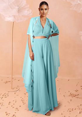 Blue Jacket Set With Hand Embroidered Blouse And Palazzo