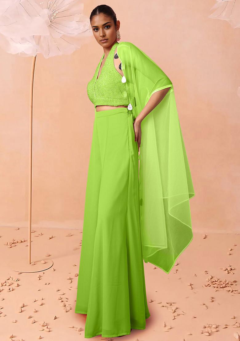 Green Jacket Set With Hand Embroidered Blouse And Palazzo