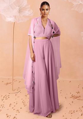 Pink Jacket Set With Hand Embroidered Blouse And Palazzo