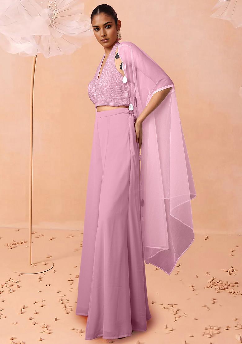 Pink Jacket Set With Hand Embroidered Blouse And Palazzo