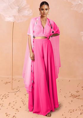 Pink Jacket Set With Hand Embroidered Blouse And Palazzo