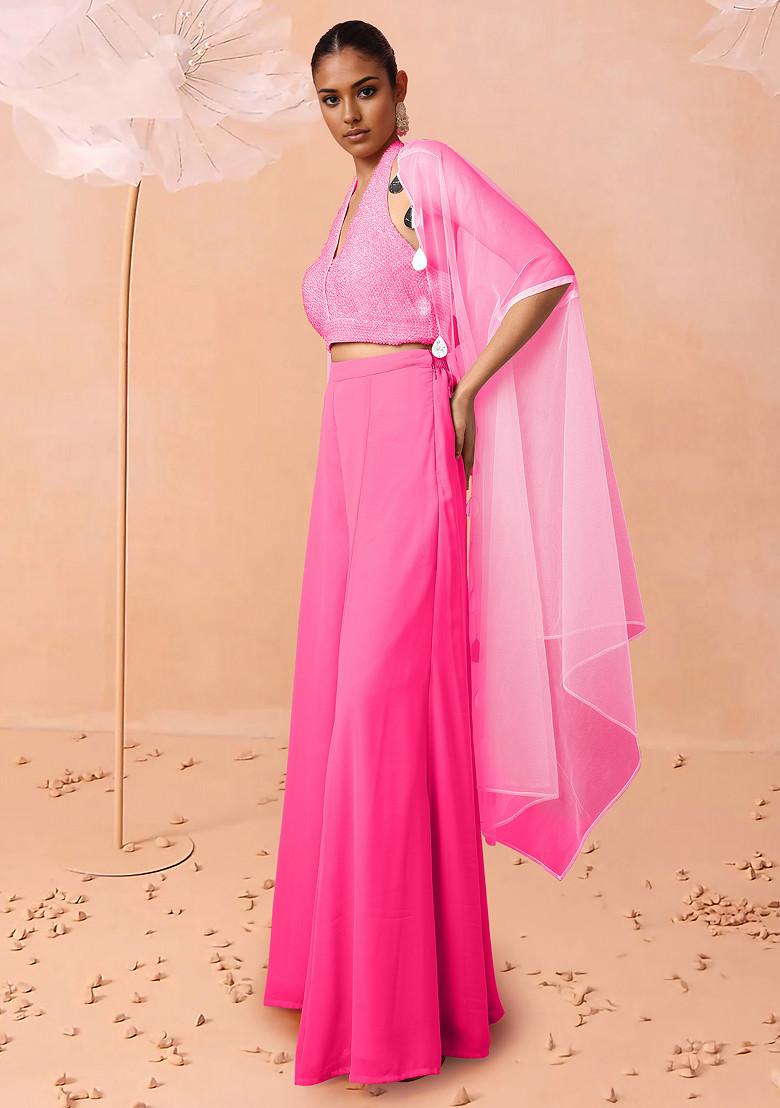 Pink Jacket Set With Hand Embroidered Blouse And Palazzo