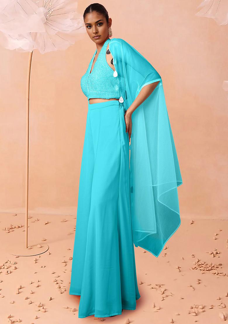 Blue Jacket Set With Hand Embroidered Blouse And Palazzo