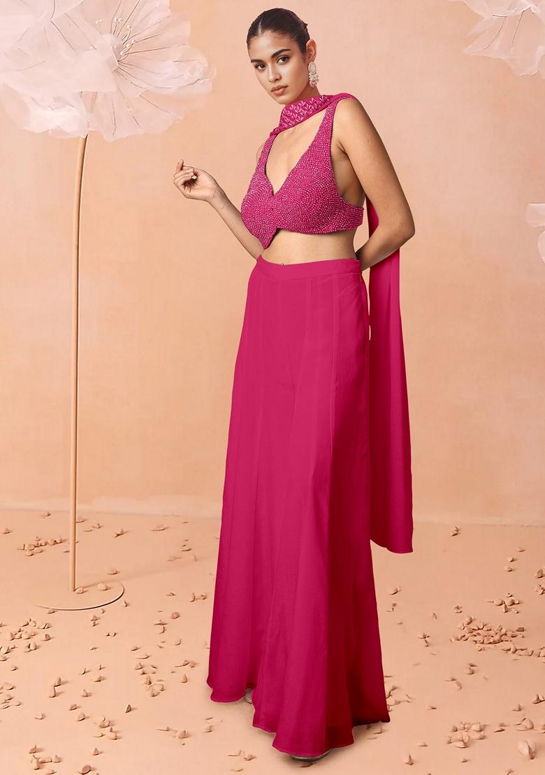 Pink Palazzo Set With Hand Embroidered Blouse And Dupatta