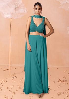 Blue Palazzo Set With Hand Embroidered Blouse And Dupatta