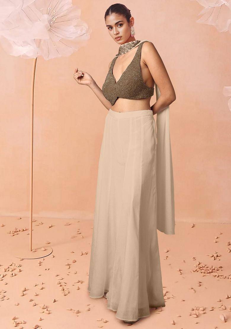 Beige Palazzo Set With Hand Embroidered Blouse And Dupatta