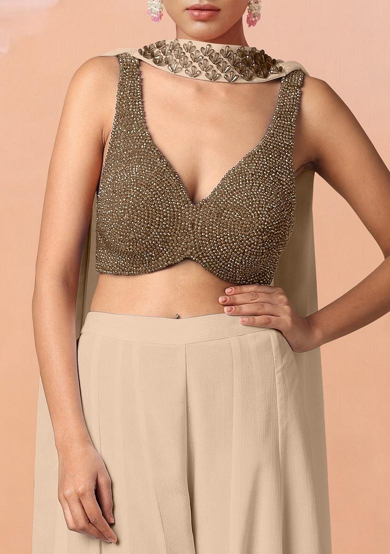 Beige Palazzo Set With Hand Embroidered Blouse And Dupatta