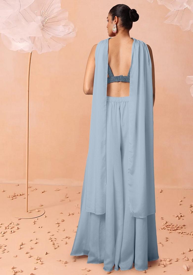 Blue Palazzo Set With Hand Embroidered Blouse And Dupatta