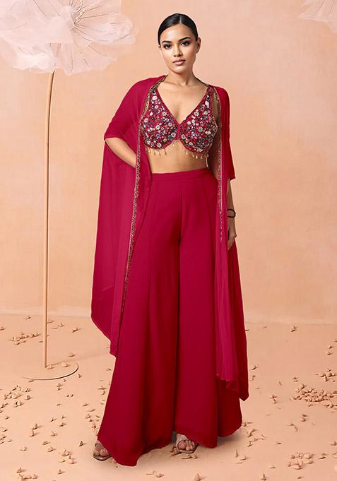 Red Jacket Set With Hand Embroidered Blouse And Palazzo