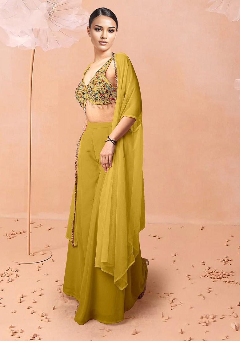 Yellow Jacket Set With Hand Embroidered Blouse And Palazzo