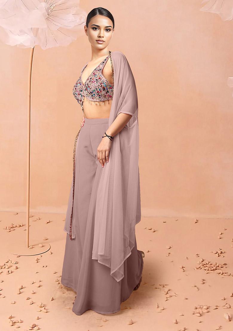 Purple Jacket Set With Hand Embroidered Blouse And Palazzo