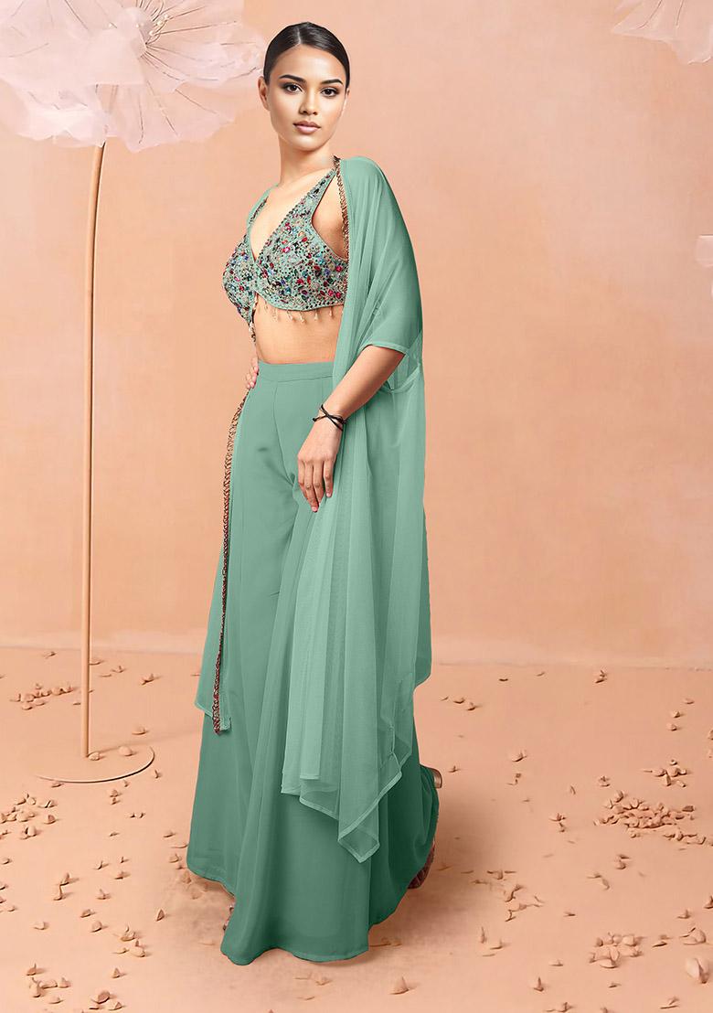 Green Jacket Set With Hand Embroidered Blouse And Palazzo