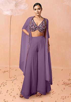 Purple Jacket Set With Hand Embroidered Blouse And Palazzo