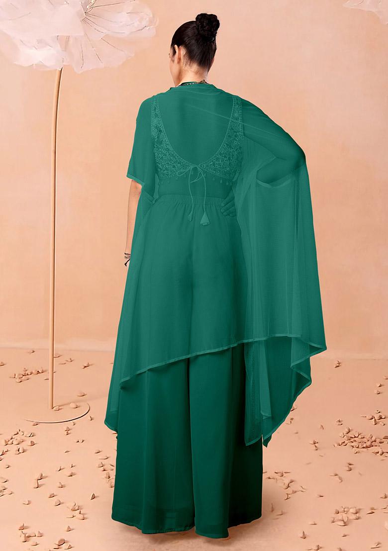 Green Jacket Set With Hand Embroidered Blouse And Palazzo