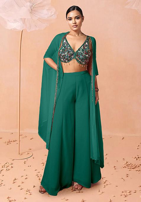 Green Jacket Set With Hand Embroidered Blouse And Palazzo