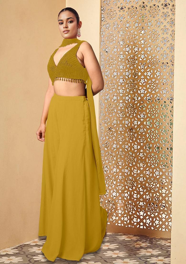 Yellow Palazzo Set With Hand Embroidered Blouse And Dupatta