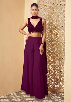 Purple Palazzo Set With Hand Embroidered Blouse And Dupatta