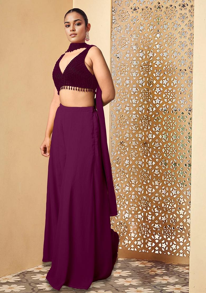Purple Palazzo Set With Hand Embroidered Blouse And Dupatta