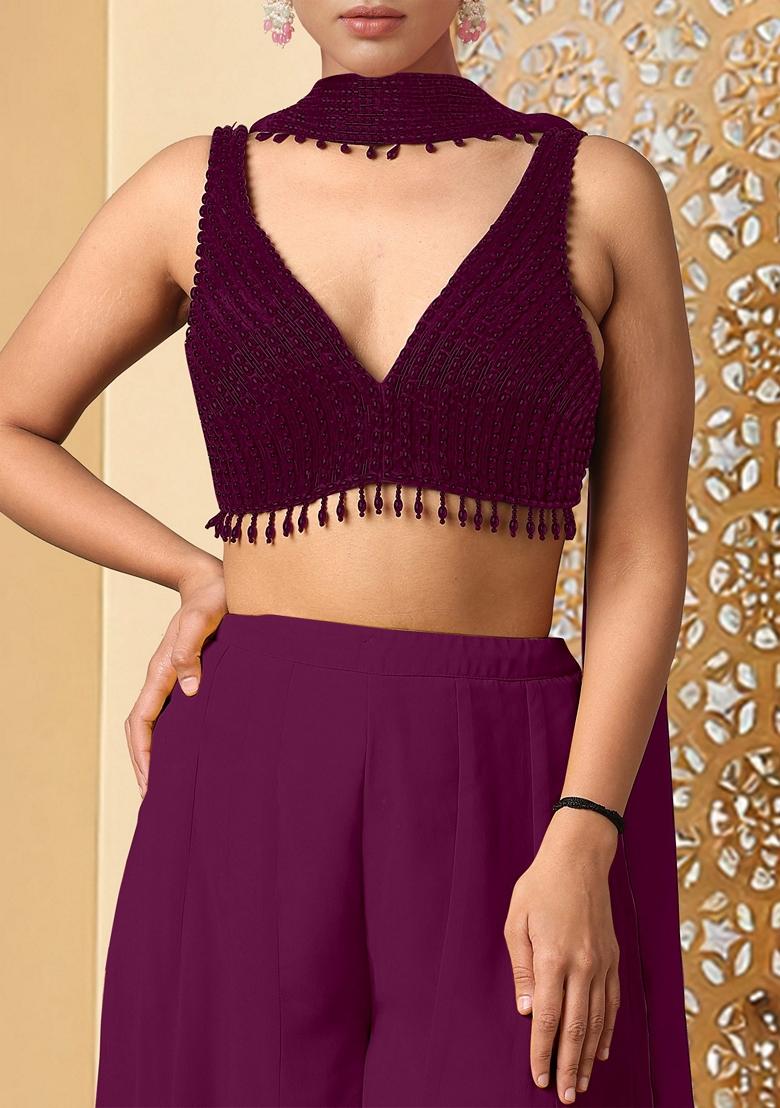 Purple Palazzo Set With Hand Embroidered Blouse And Dupatta