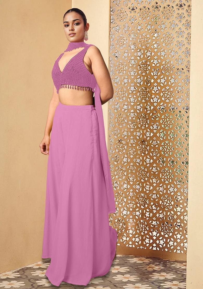 Pink Palazzo Set With Hand Embroidered Blouse And Dupatta