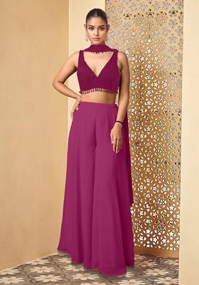 Purple Palazzo Set With Hand Embroidered Blouse And Dupatta